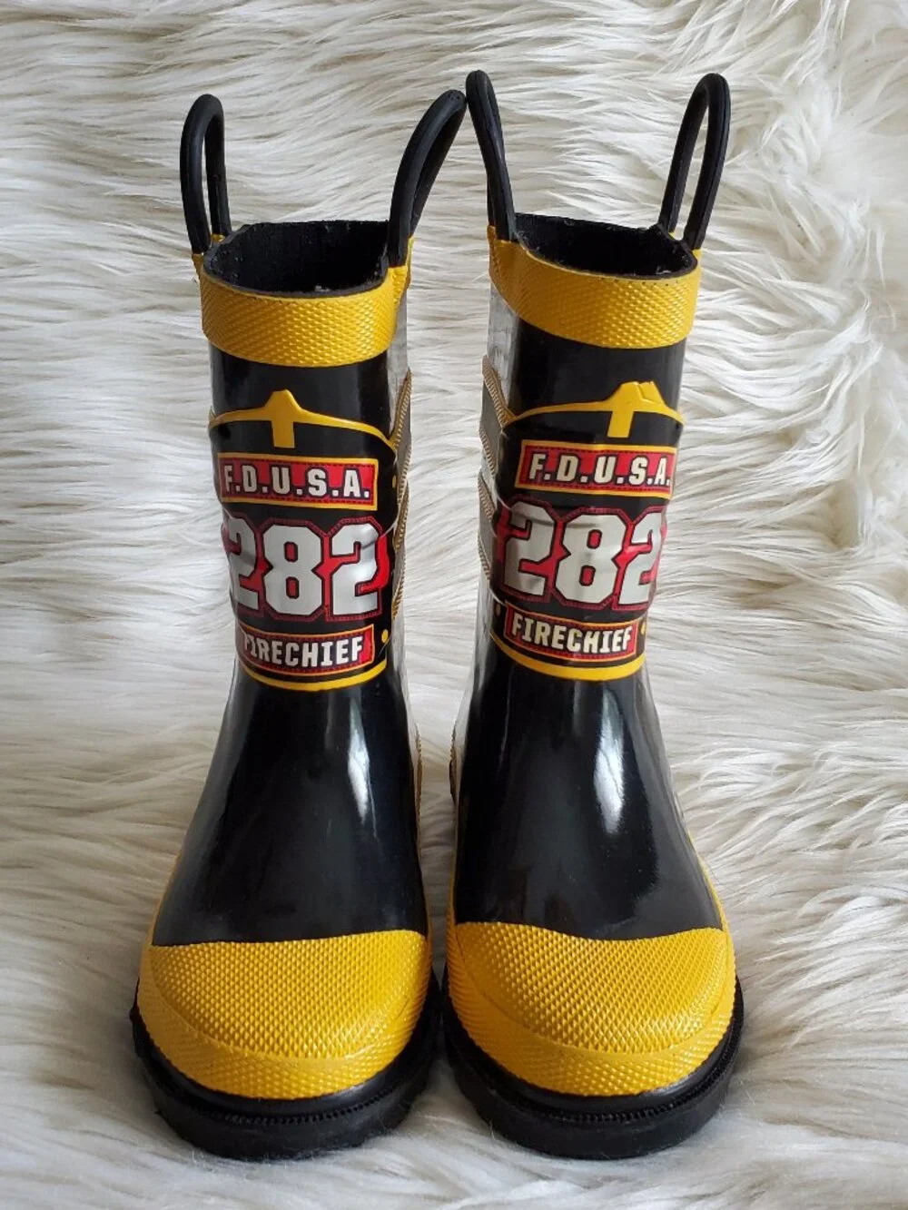Western Chief Kids Black/Yellow Firefighter Waterproof Rain Boots SZ 8